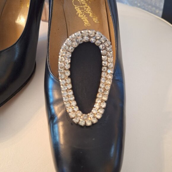Vintage Ferragamo Black Leather Pumps Heels with Vintage Rhinestone Toe Clips - Picture 4 of 11